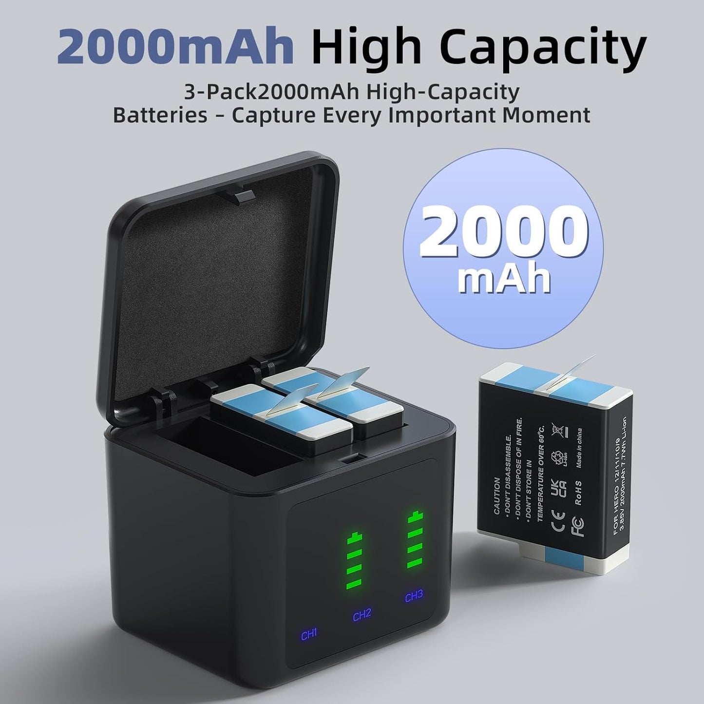 3-Pack 2000mAh Battery Charger Kits for GoPro Hero 12 with 3-Channel Charger,3-Slot GoPro Battery Charger Compatible with Hero 12/11/10/9 Black Camera