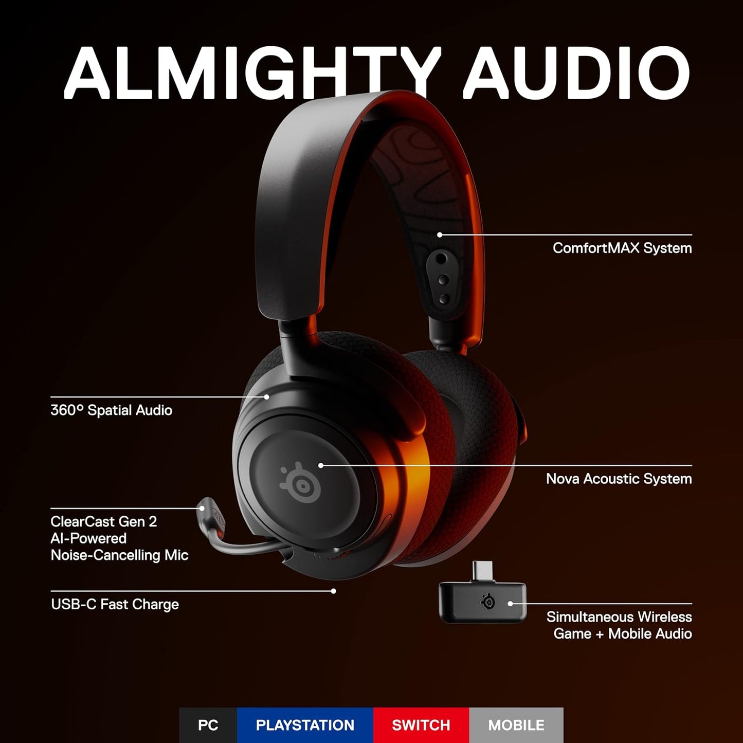 SteelSeries Arctis Nova 7 Wireless Gaming Headset Multi-Platform, Simultaneous Wireless 2.4GHz & Bluetooth, Comfort Design - Fast Charging, Headphone for PC Computers, PS, PS4, PS5 Switch (Renewed)