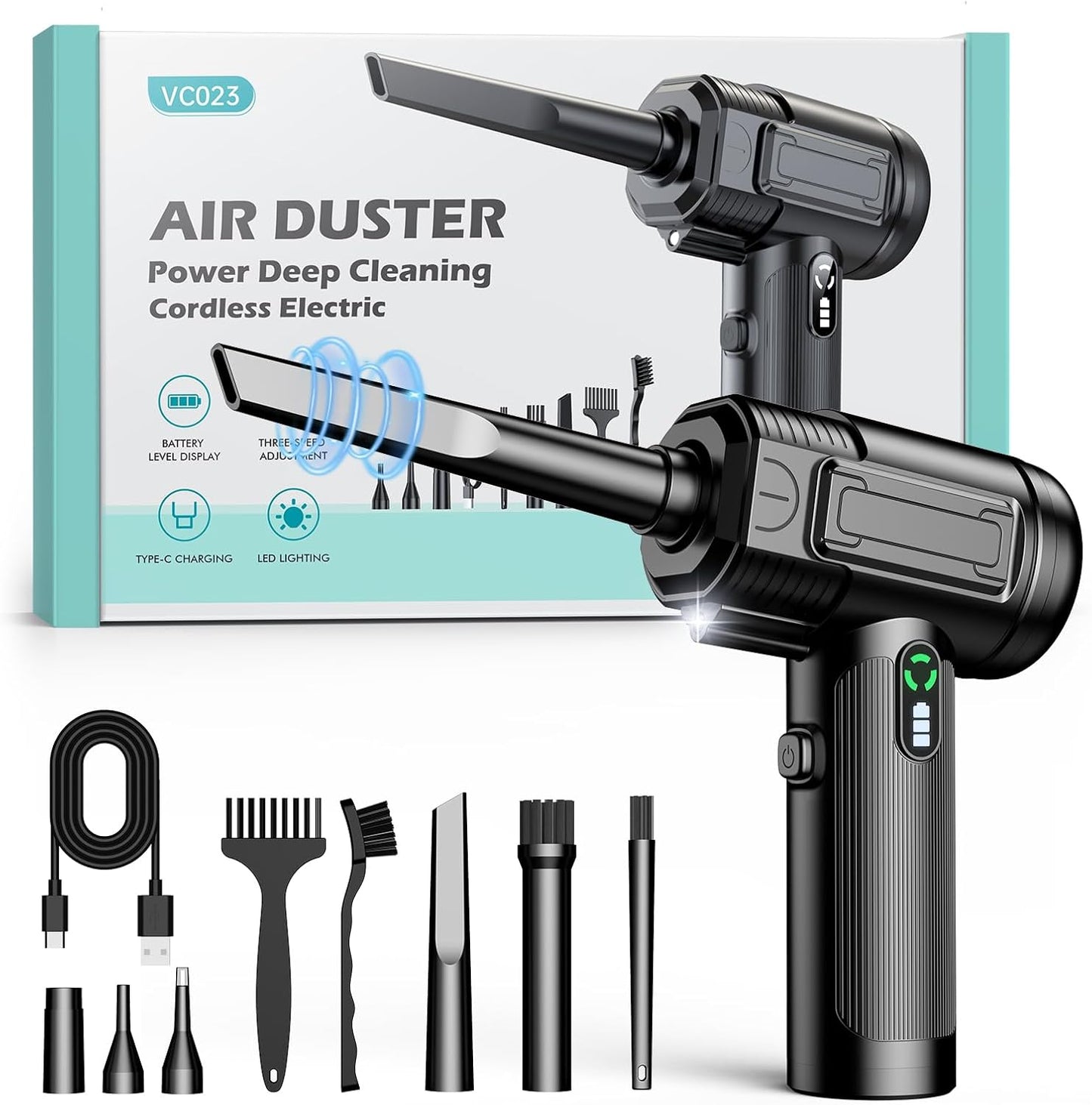 Compressed Air Duster: 100000RPM Electric Air Duster with LED Light Mini Air Blower Rechargeable Cordless Keyboard Cleaning Jet Dry Blower - Car, PC and Home Cleaning Kit Easier to use