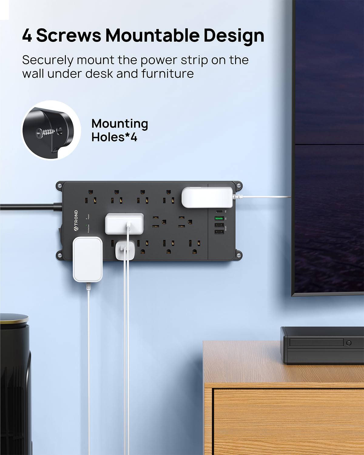 TROND Surge Protector Power Strip, 4000 Joules, ETL Listed, 13 Widely-Spaced Outlets Expansion with USB C Ports, Low-Profile Flat Plug, Wall Mountable, 5ft Extension Cord, 14AWG Heavy Duty, Black