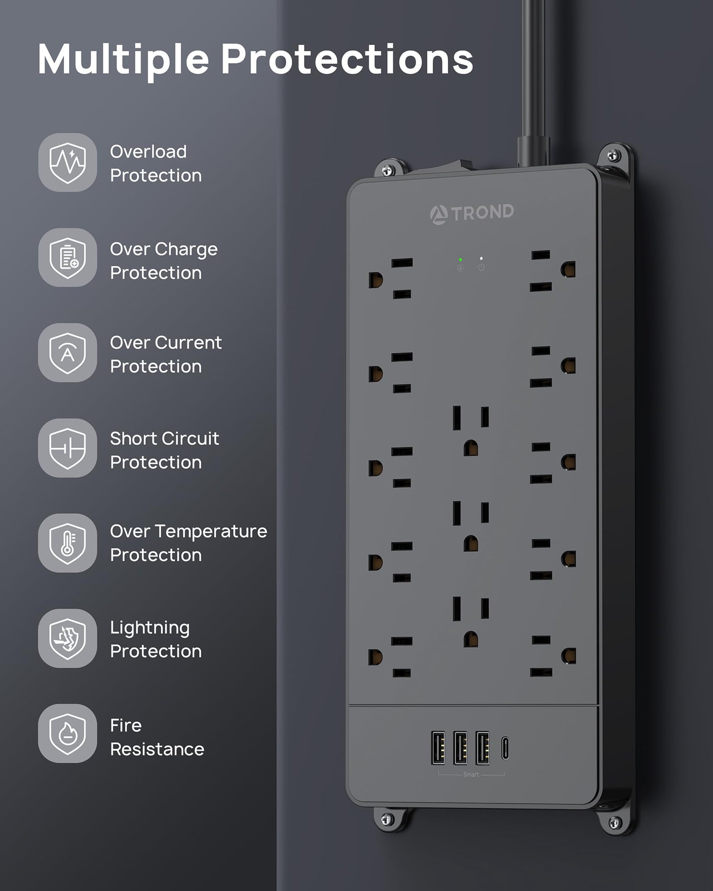 TROND Surge Protector Power Strip, 4000 Joules, ETL Listed, 13 Widely-Spaced Outlets Expansion with USB C Ports, Low-Profile Flat Plug, Wall Mountable, 5ft Extension Cord, 14AWG Heavy Duty, Black