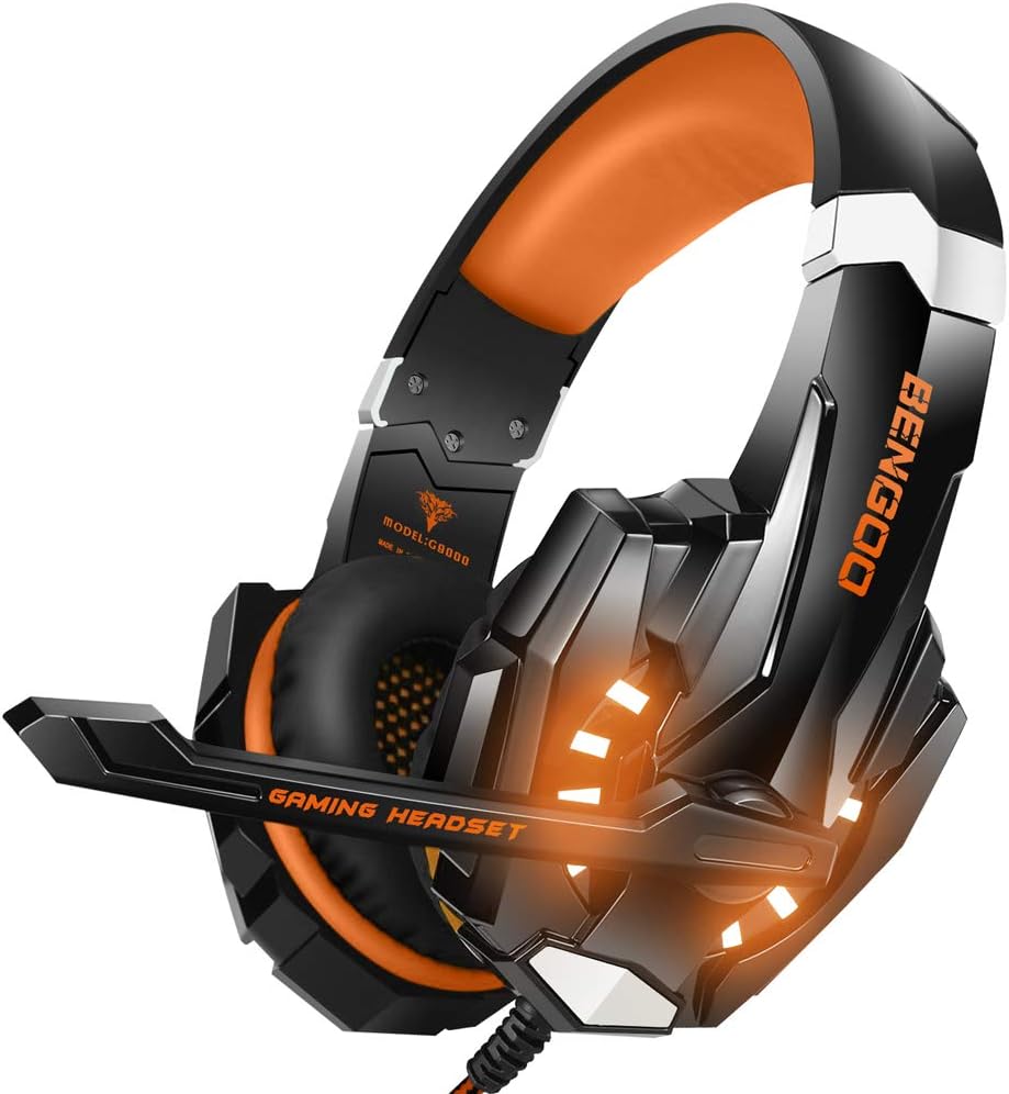 BENGOO G9000 Stereo Gaming Headset for PS4 PC Xbox One PS5 Controller, Noise Cancelling Over Ear Headphones with Mic, LED Light, 7.1 Surround Sound, Soft Memory Earmuffs for Nintendo Xbox Series X|S