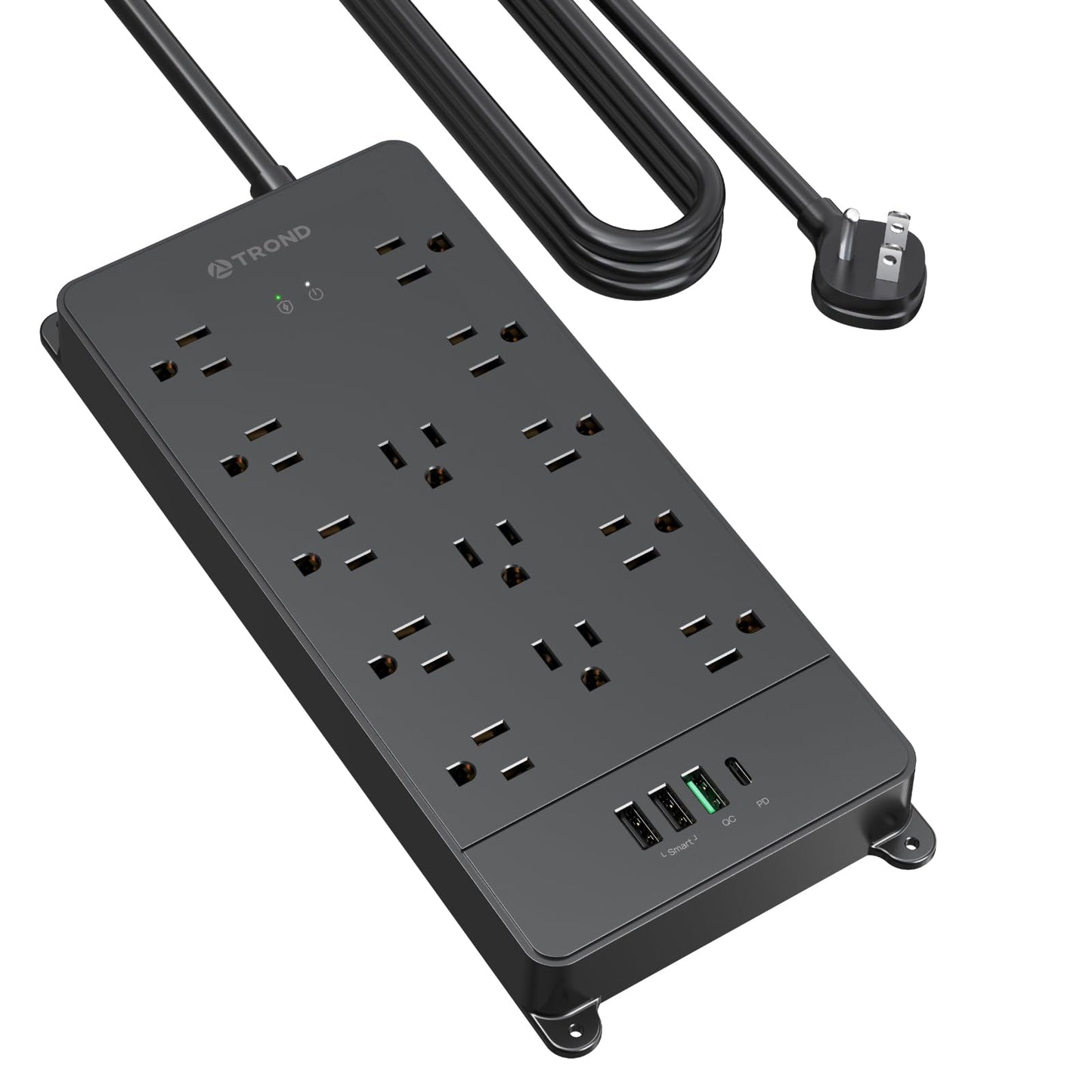 TROND Surge Protector Power Strip, 4000 Joules, ETL Listed, 13 Widely-Spaced Outlets Expansion with USB C Ports, Low-Profile Flat Plug, Wall Mountable, 5ft Extension Cord, 14AWG Heavy Duty, Black