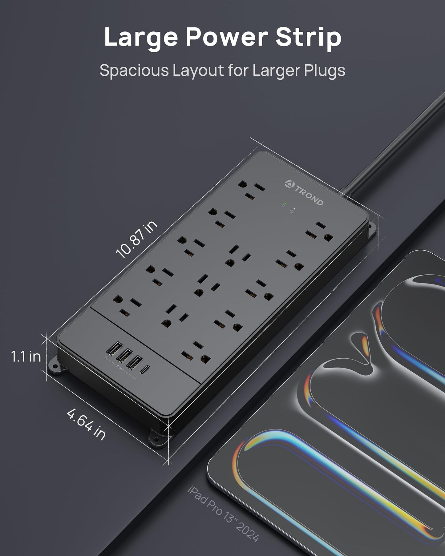 TROND Surge Protector Power Strip, 4000 Joules, ETL Listed, 13 Widely-Spaced Outlets Expansion with USB C Ports, Low-Profile Flat Plug, Wall Mountable, 5ft Extension Cord, 14AWG Heavy Duty, Black