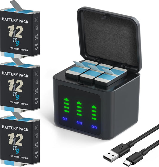 3-Pack 2000mAh Battery Charger Kits for GoPro Hero 12 with 3-Channel Charger,3-Slot GoPro Battery Charger Compatible with Hero 12/11/10/9 Black Camera