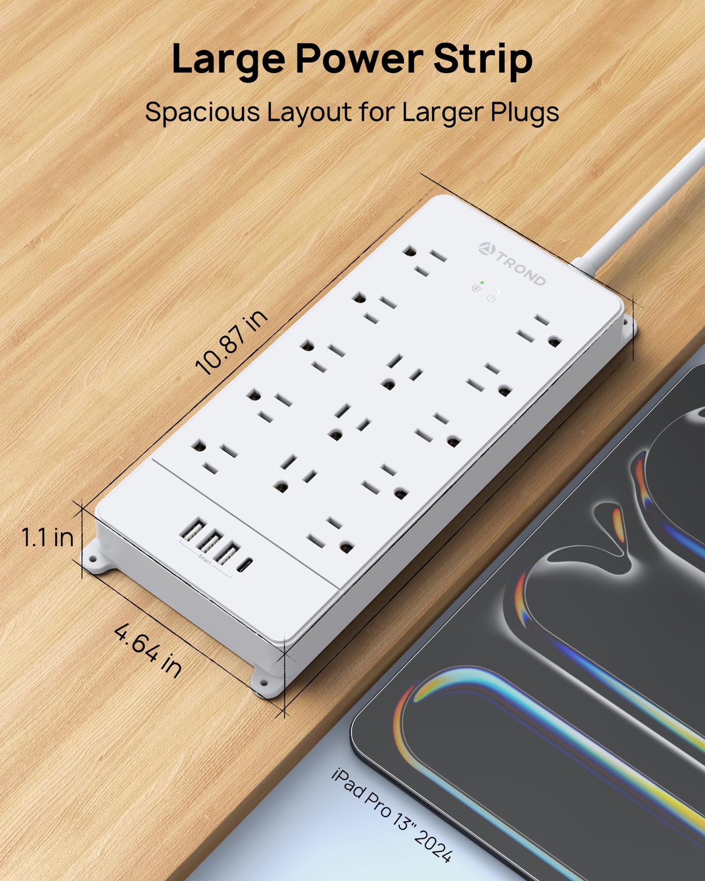 TROND Surge Protector Power Strip, 4000 Joules, ETL Listed, 13 Widely-Spaced Outlets Expansion with USB C Ports, Low-Profile Flat Plug, Wall Mountable, 5ft Extension Cord, 14AWG Heavy Duty, Black